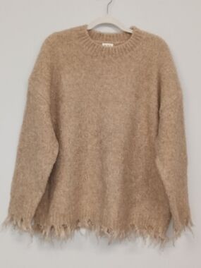 POL Camel Tan Distressed Fringe Hem Crew Neck Heavyweight Wool Blend Sweater LG